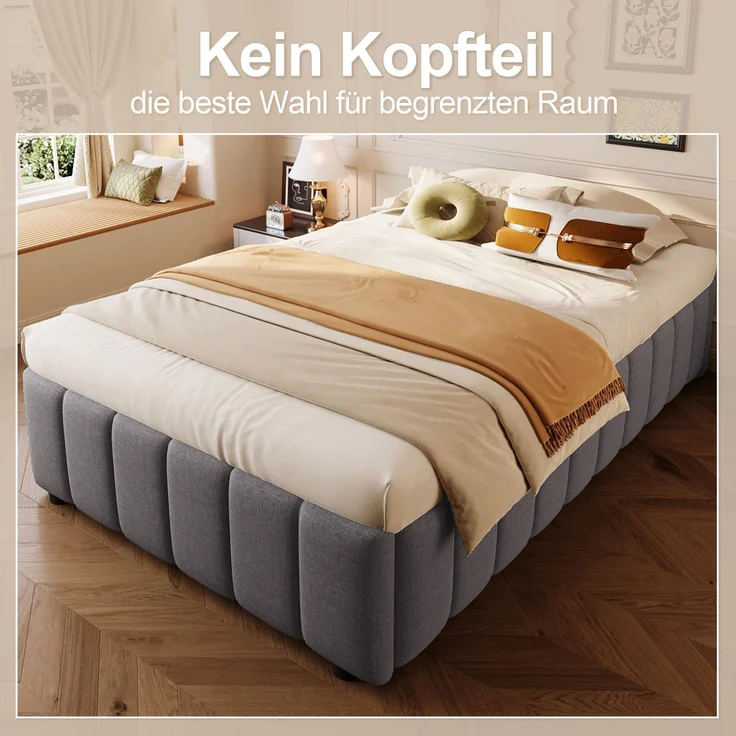 Polsterbett Leinen mit hydraulischem Stauraum, 90x200 cm, Grau, ohne Matratze – Bild 6