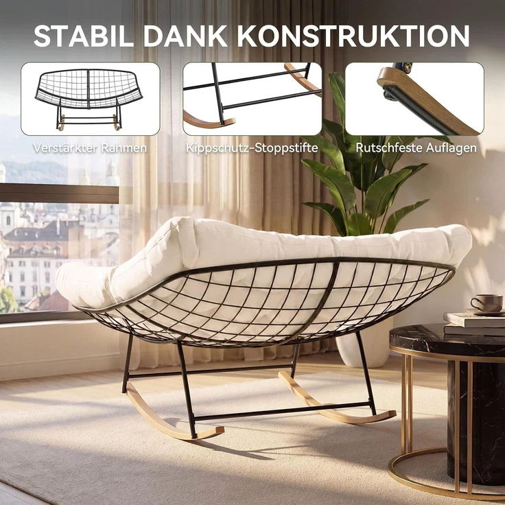 Aoxun Schaukelstuhl Outdoor,Ergonomischer Schaukelsessel für Indoor, Relaxsessel Garten,Balkon Sessel,148x113x79cm,Wetterfester Gartenstuhl Bequem,bis 200KG,Beige – Bild 5