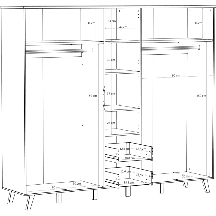 Forte VANKKA Kleiderschrank 230, Skandi Schrank mit 5 Drehtüren und 2 Schubladen, Filigrane Möbelbeine, Holzwerkstoff, Planked Eiche Holzdekor | Weiß, 228,8 cm breit x 201,5 cm hoch x 52,7 cm tief – Bild 3