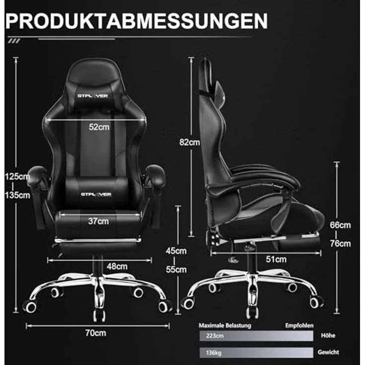 GTPLAYER Bürostuhl Gaming Stuhl Massage Gaming Sessel Ergonomischer Gamer Stuhl mit Fußstütze, Kopfstütze Massage-Lendenkissen, Gepolstert Gaming Chair, Drehsessel schwarz – Bild 3
