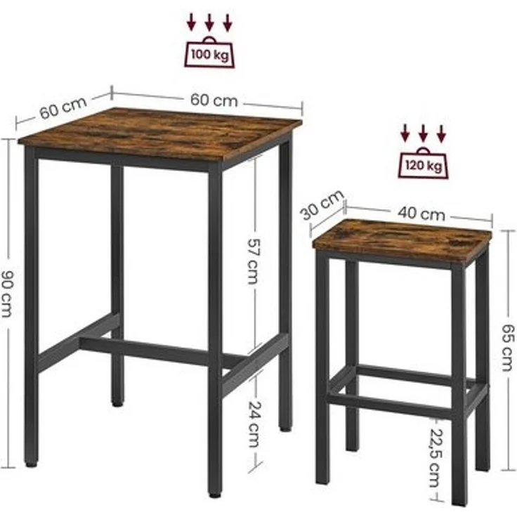 Vasagle Bartisch mit Barhocker-Set, Esstisch mit 2 Stühlen, Küchentisch klein 60 x 60 x 90 cm, Barstühle je 30 x 40 x 65 cm, für Esszimmer, Küche, Industrie-Design, vintagebraun-schwarz – Bild 4