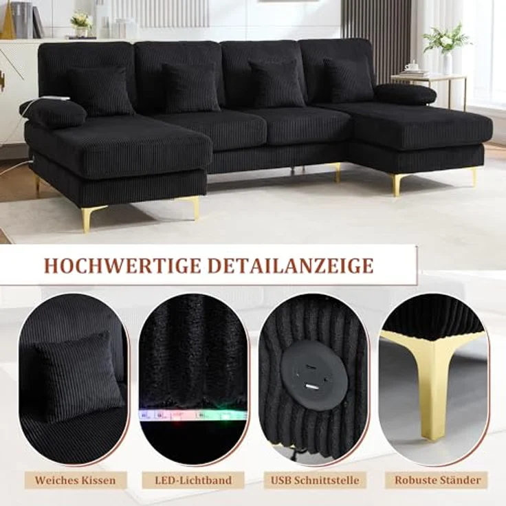 Ball & Cast U-förmiges Couch mit Schlaffunktion, Samt Sofa mit Lichtleiste und USB-Anschlüssen für das Wohnzimmer Wohnung Villa, 265 x 88 x 135 (BxHxT), Schwarz – Bild 7