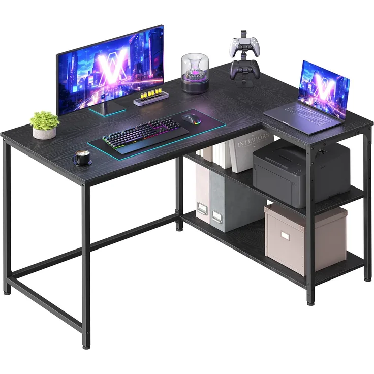 VASAGLE Eckschreibtisch in L-Form, Computertisch mit Stauraum, Bürotisch, höhenverstellbare Ablage, für Homeoffice, 110 x 80 cm, ebenholzschwarz LWD135BE01