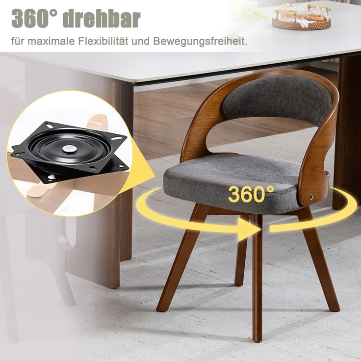 LVHOM Esszimmerstuhl 360° drehbar, 2er Set, Polsterstuhl aus Leinen und Massivholz, Küchenstuhl gepolstert, ergonomischer Schalenstuhl mit Armlehne, bis 150 kg – Bild 3