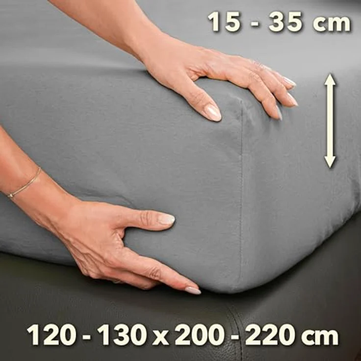 STUDIO Premium Spannbettlaken 120x200cm, 120x220cm, 130x200cm & 130x220cm – Jersey-Spannbetttuch, 97% Baumwolle, 3% Elastan, Silber, bügelfrei, für Matratzen 15–35cm – Bild 3