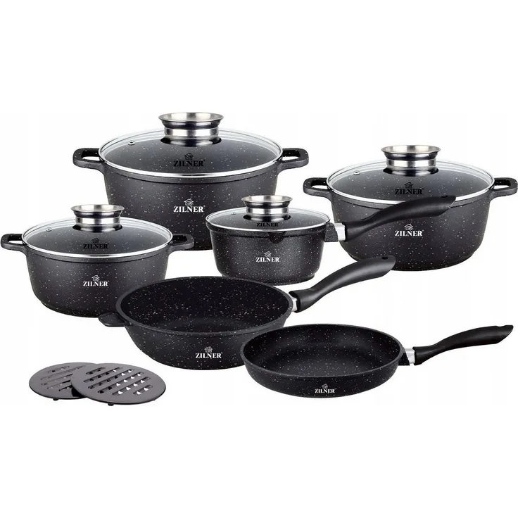Zilner Topf-Set Schwarze Töpfe in verschiedenen Größen mit Pfannen Kasserolle, Aluminiumguss, Aluminium, Keramik, Edelstahl (Passt in jede Küche! 1.3L / 2.3L / 3.4L / 4.5L / 6.8L, 12-tlg, Es ist eine perfekte Geschenkidee für jeden Anlass), Innovative ...