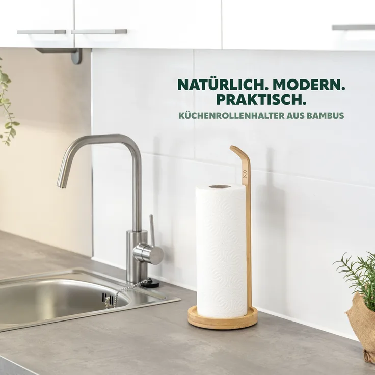 Küchenrollenhalter aus Bambus mit Schutzpads am Boden