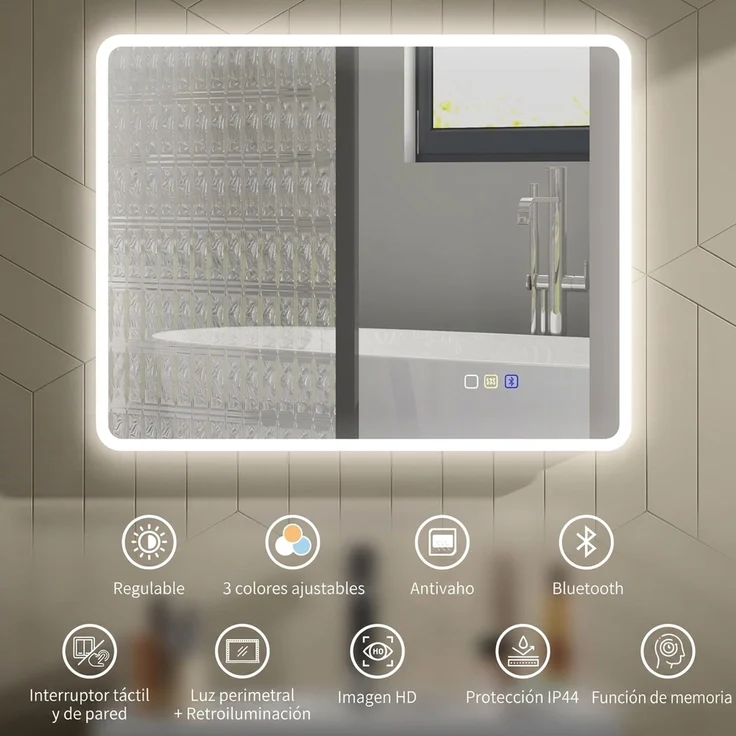 MELAYR, Badezimmerspiegel mit LED-Licht, 90 x 70 cm, mit Bluetooth, 3 Lichtfarben, 90 x 3,5 x 70 cm, Silber – Bild 6