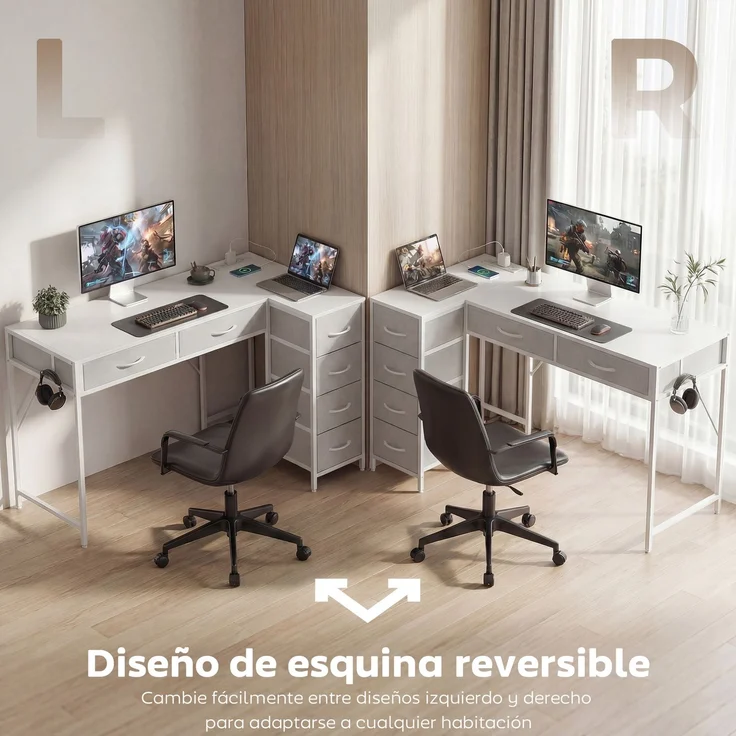 JARDJ Wendbarer Eckschreibtisch mit 6 Schubladen (126 x 48 cm), Steckdose, USB- und USB-C-Ladeanschluss, Weiß – Bild 6