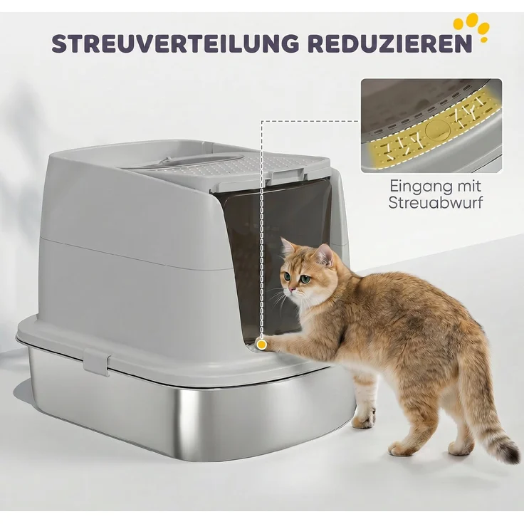 PawHut Katzentoilette, Edelstahl, Kunststoff, Hellgrau, 52,4L x 41,3B x 39,8H cm – Bild 6