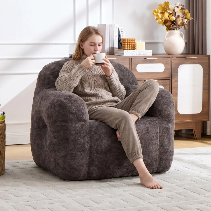 Sitzsack mit Füllung aus Schaumstoffflocken, Kunstfell-Sitzsacksofa mit Armlehnen, für Wohnzimmer, Schlafzimmer und Leseecke, keine Montage erforderlich, Dunkelgrau – 95 x 95 x 79 cm – YOUDENOVA – Bild 8