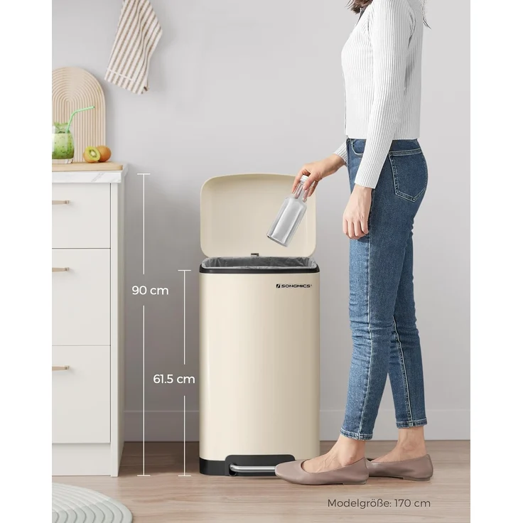 SONGMICS Abfalleimer für die Küche, 30 l, Abfalleimer aus Stahl mit Pedal, Deckel und Inneneimer, sanfter Verschluss, Wolkenweiß LTB001A01 – Bild 7