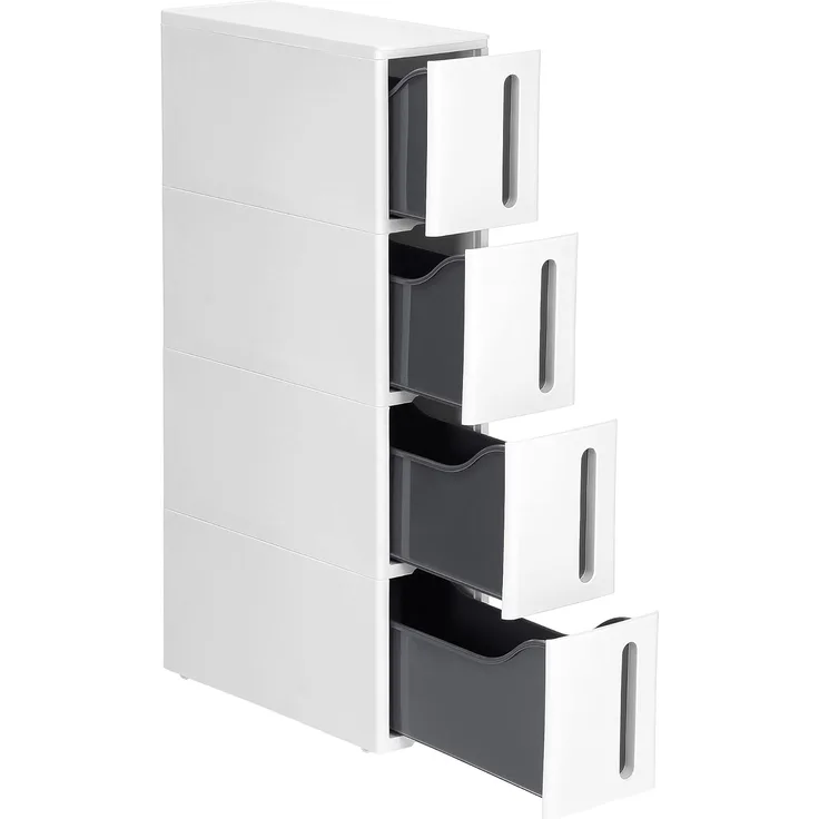 Songmics schmaler Rollwagen mit 4 Schubladen, ausziehbar, PP-Kunststoff, weiß-grau, 45 x 17 x 83 cm