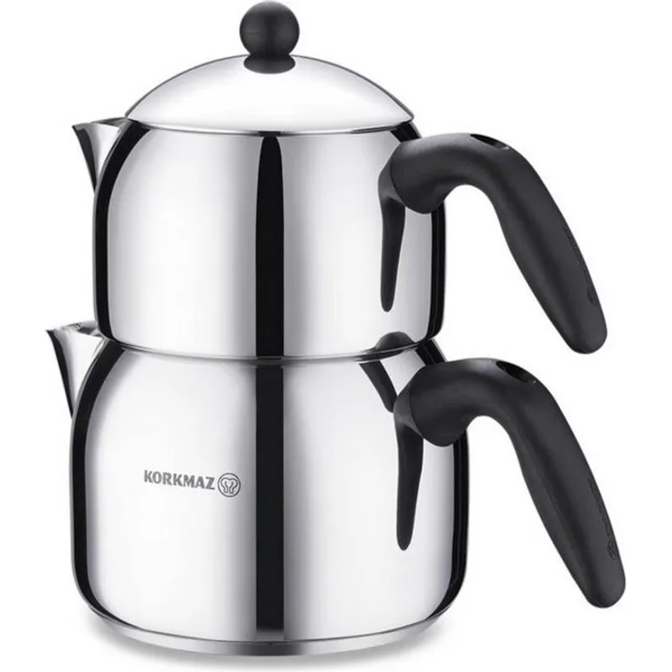 Korkmaz Caydanlik-Teekanne Orbit Maxi A038, 2,2 l, 18/10 Edelstahl, für alle Herdarten geeignet, 1,2L/2,0L, ergonomische Bakelit-Griffe