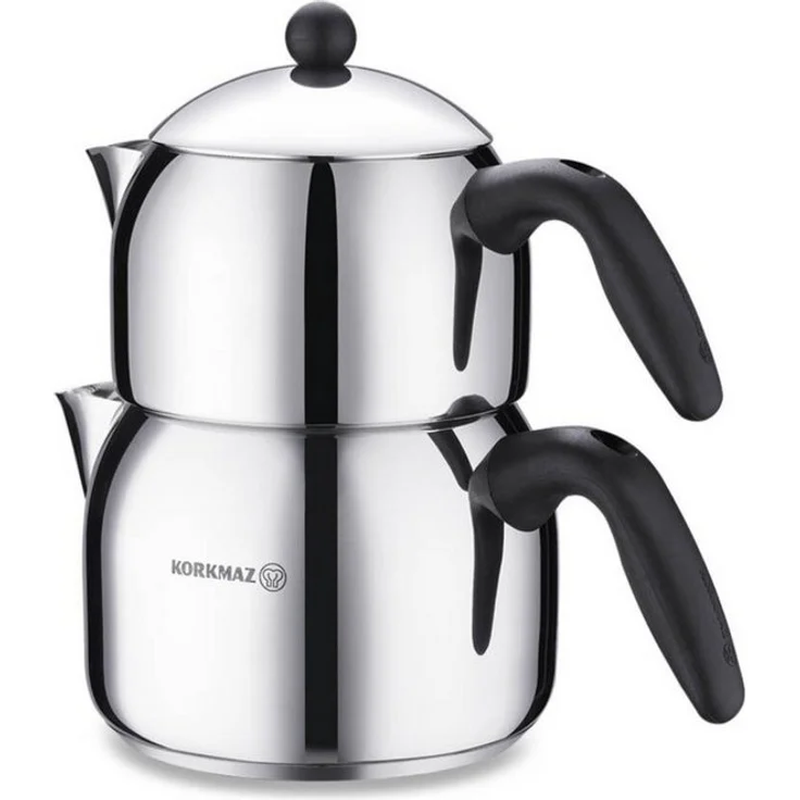 Korkmaz Caydanlik-Teekanne Orbit Maxi A038, 2,2 l, 18/10 Edelstahl, für alle Herdarten geeignet, 1,2L/2,0L, ergonomische Bakelit-Griffe
