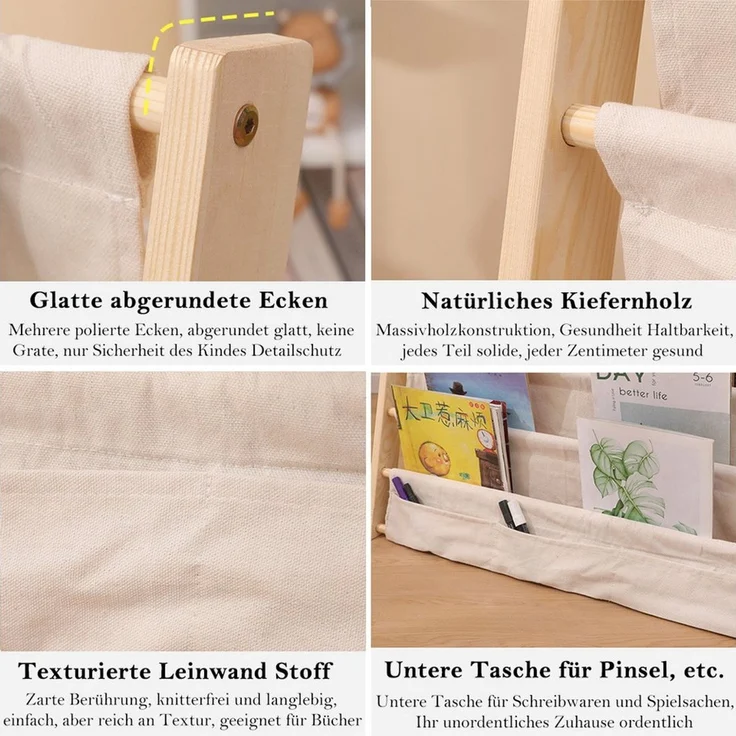 TUWENA Bücherregal Kinder Bücherregal mit 6 Stofffächern,Kinderbücherregal aus Massivholz, Abgerundete & platzsparend Für Kinderzimmer Kindergarten Spielzimmer – Bild 3