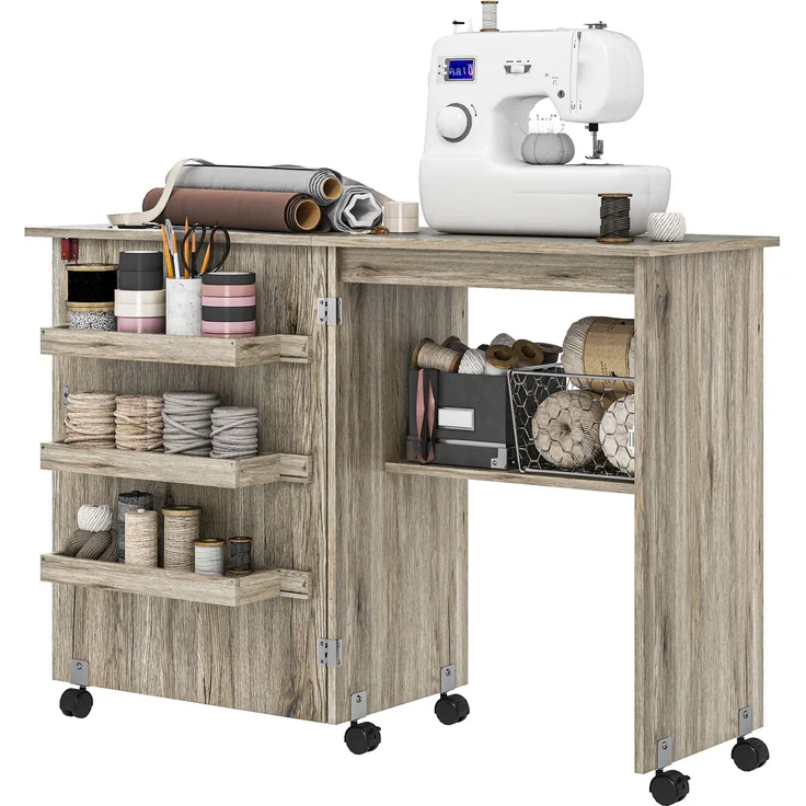 Wohnora-Klappbarer Nähtisch, Nähschrank mit Klappplatten, Aufbewahrungsboxen, offenem Regal und grauen Rollen in Holzoptik,H 775cm x T 1170cm x B 400cm,Grau – Bild 2