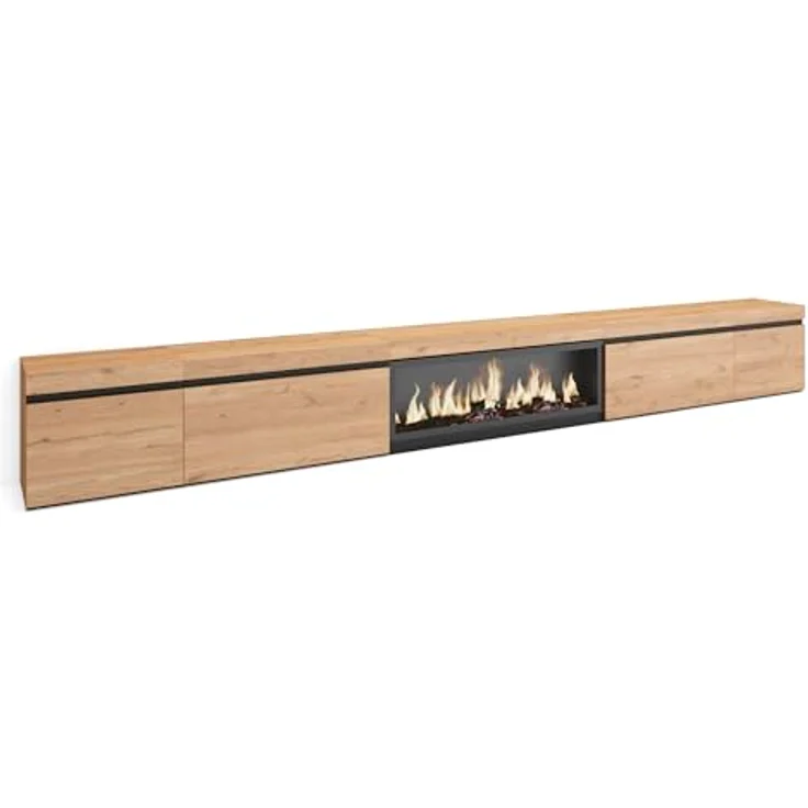 Skraut Home | TV-Schrank, Lowboard | für Wohnzimmer und Esszimmer | 368x45x35 | Elektrokamin XXL | Moderner Stil | Eiche – Bild 1