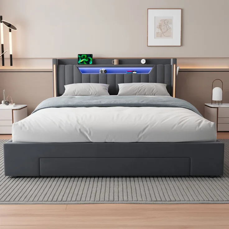Polsterbett 160x200 cm mit LED-Beleuchtung, Stauraum und Schublade – Ohne Matratze