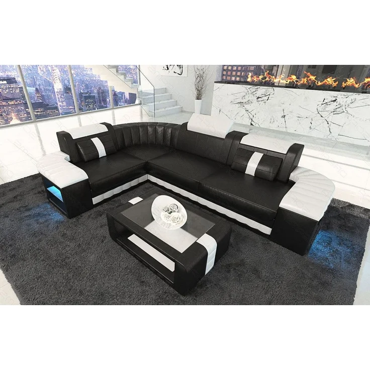 Mini Designersofa Leder Bergamo mit LED - Ledermix - Schwarz-Weiß - Links – Bild 2
