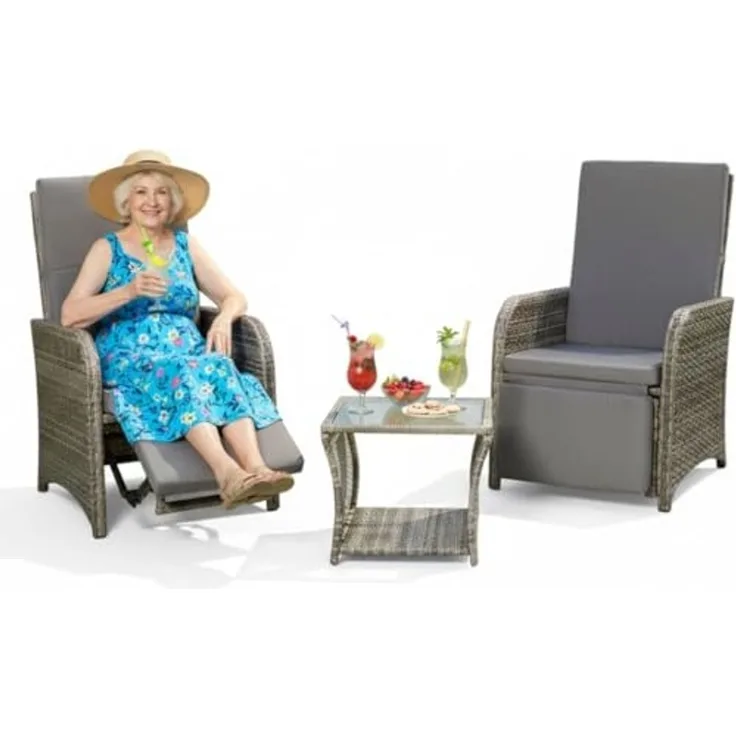 Melko Balkonset Polyrattan Balkonmöbel-Set 3-teilig, grau mit Auflagen, (Balkonmöbel-Set, 3-teiliges Balkonset für 2 Personen), platzsparendes Garten-Sitzgruppe mit Polyrattan-Geflecht und Auflagen