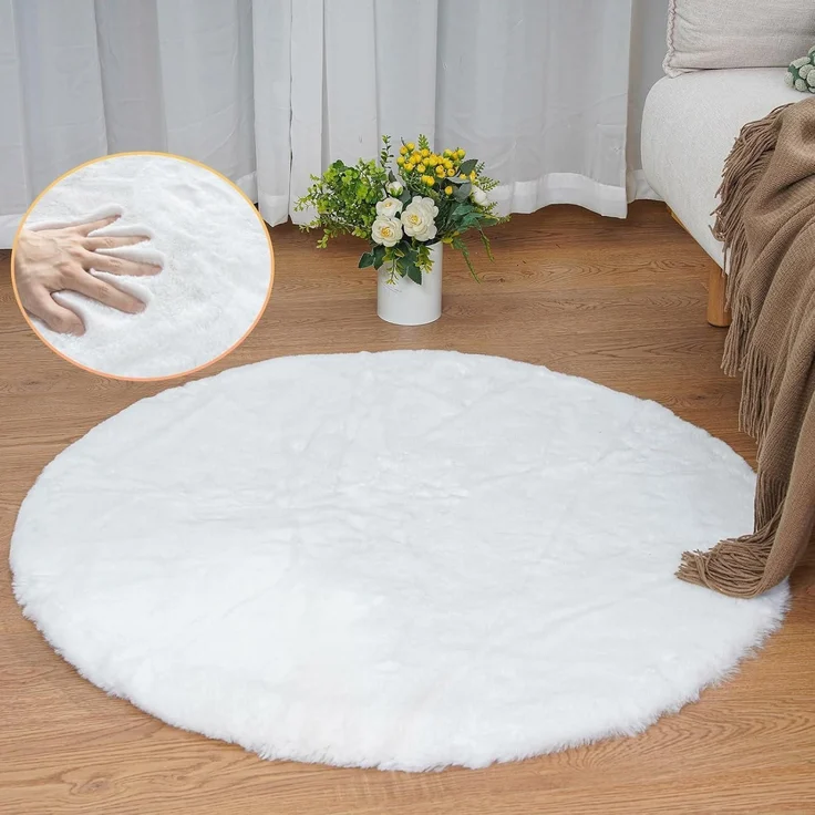 Teppich Fellteppich Kunstfell waschbar Wohnzimmer 90 cm (Rund) Weiß – Bild 1