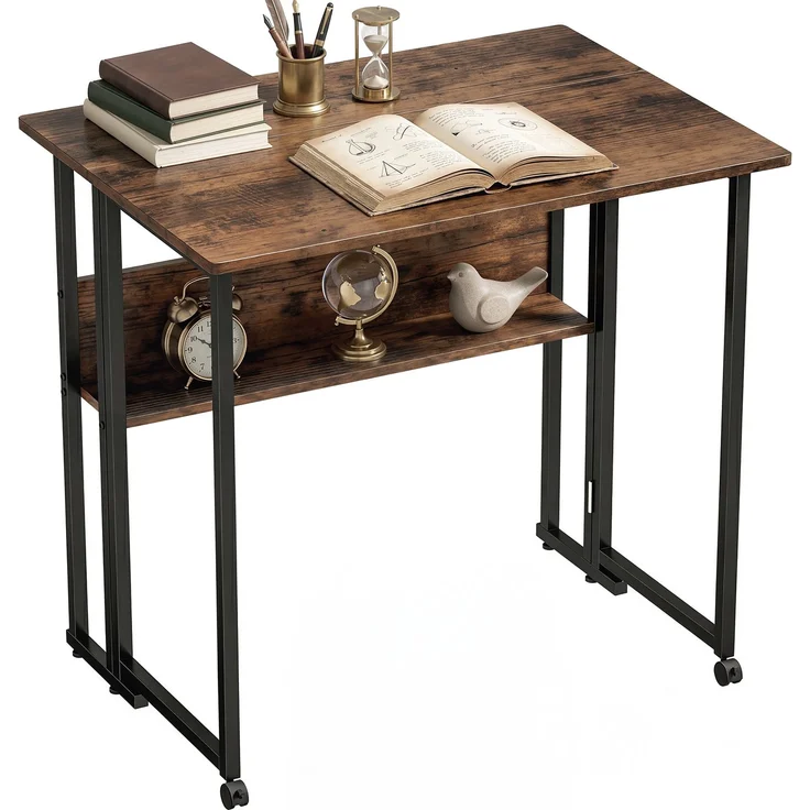 Klappbarer Schreibtisch mit Ablagefach, 80 cm Klapptisch für kleine Räume, Büro, Rustikales Braun--Rustikal-Braun--75x58x80cm--YOUDENOVA – Bild 2