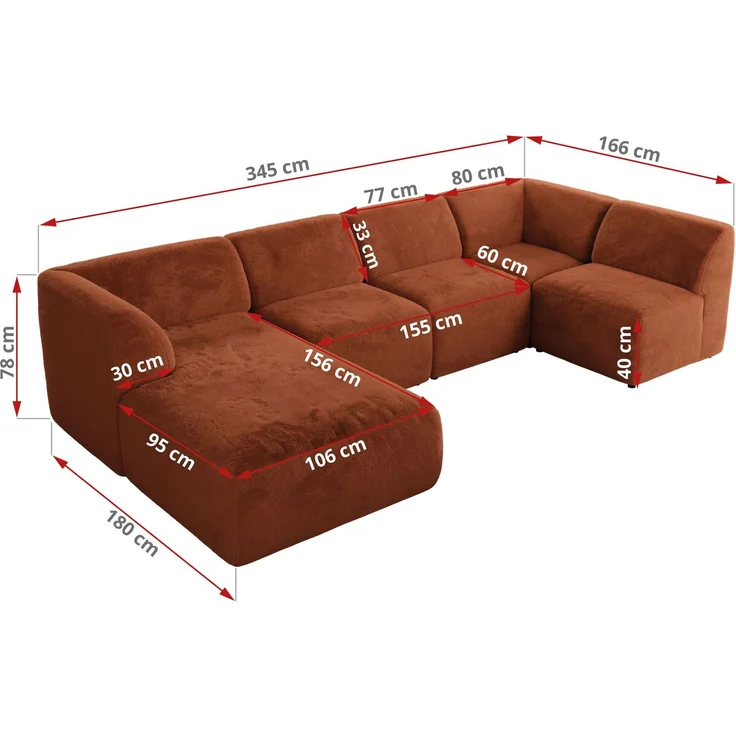 Modulares XXL-Ecksofa MODARO 5M, U-Form, Wohnlandschaft, 5-teilig, freistehend, Wohnzimmer Couch, HR-Schaumstoff - Orange Plüsch - Rechts – Bild 6
