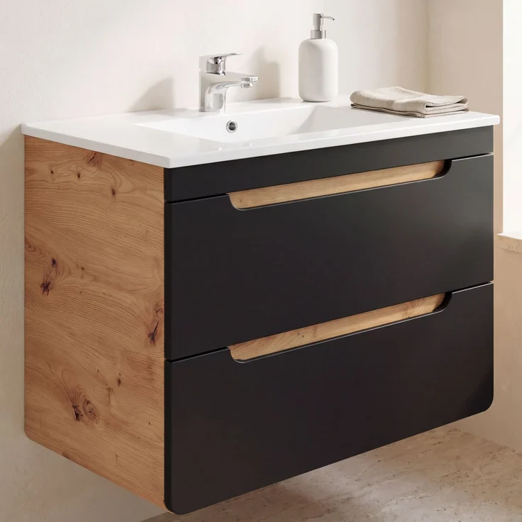 Badmöbel Set in seidenmatt anthrazit mit Wotan Eiche Nb. NEW-LUTON mit 81 cm Keramik-Waschtisch & LED-Spiegelschrank, B/H/T ca. 130/200/46 cm – Bild 7