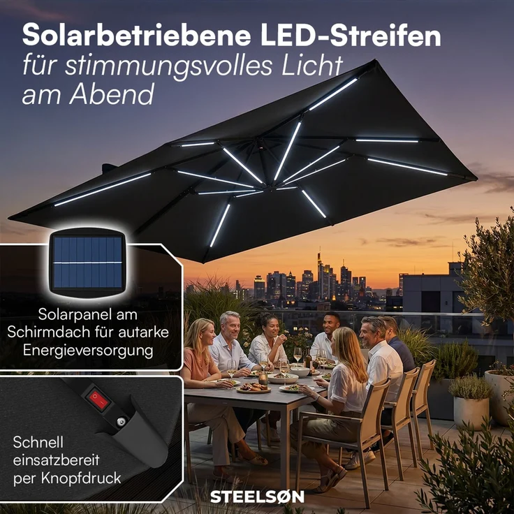 STEELSØN 'Elaris' Premium Sonnenschirm 300x300 cm quadratisch mit LED, neigbar und 360-Grad drehbar, schwarz, Ampelschirm inkl. Hülle, extrem robuste Metall-Stange, 220 g/m² Polyester, UV50+ – Bild 2