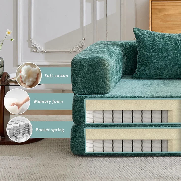 Wohnora-Compression Sofa,Convertible Floor Sofa Bed with Fixed-Shape Frame, Loveseats Boneless Modular Sectional Sofa,No Assembly Required,Chenille fabric,for Living Room Bedroom,Dark Green,H 63cm x T 200cm x B 100cm,Dunkelgrün – Bild 4