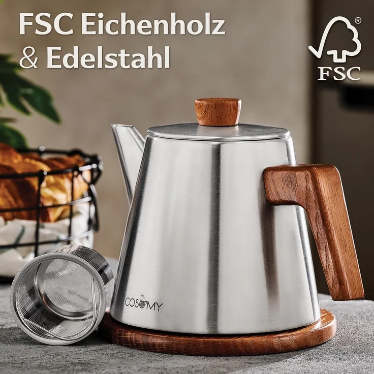 Cosumy Teekanne mit Siebeinsatz und Untersetzer - Edelstahl & FSC Holz - Induktion, 1,2 l, (Set, 1-St, Teekanne mit Siebeinsatz und Untersetzer), Kanne mit Sieb für Tee - Induktion - Tropffrei - Hält lange warm – Bild 3