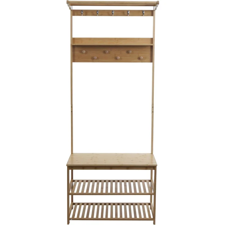 Bambus Standgarderobe HWC-N82, Garderobenständer Schuhregal Sitzbank Schuhbank, Kleiderhaken FSC® 170x70x31cm – Bild 5