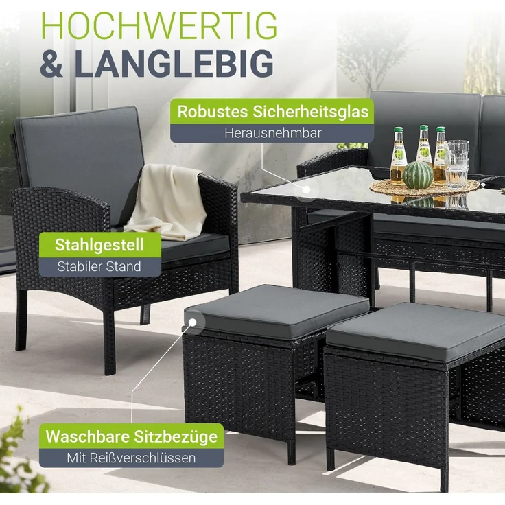 Juskys Polyrattan Gartenmöbel Sitzgruppe Turin Set 6 teilig inkl. Abdeckung - 7 Personen - Outdoor Möbel mit Sessel, Hocker, Tisch & Kissen - Garten Loungemöbel Schwarz – Bild 4