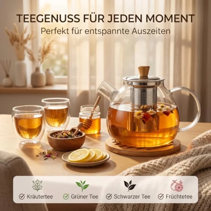 hausleben Teekanne Glas mit Edelstahl-Sieb Untertelle 1,5 Liter, (1-St), Bambus Unterteller Tropffrei, Hitzebeständig, Spülmaschinenfest – Bild 2