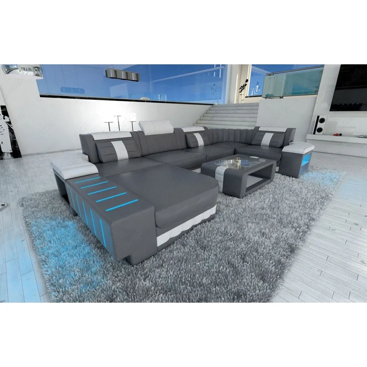 Sofa Dreams - Mini Designer Wohnlandschaft Bellagio Led U-Form - Büffelleder - Grau-Weiß - Links – Bild 3