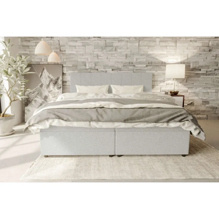 99rooms Kira Boxspringbett Strukturstoff NEVE Hellgrau 140x200 cm