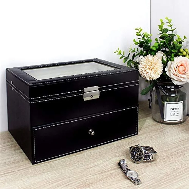 Todeco - Uhrbox, Uhr und Armband Aufbewahrung - Material der Box: MDF - Kissenmaterial: Samt - 20 Uhren mit Schublade und Display, Schwarz/Beige – Bild 4