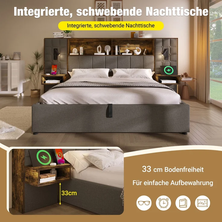 Polsterbett 160x200 mit Stauraum, Systembett Grau, LED & 2 Leselampen, 2 integr, Nachttische, USB Type-C Ladeport, Leinenstoff, inkl, Lattenrost, ohne Matratze – Bild 5