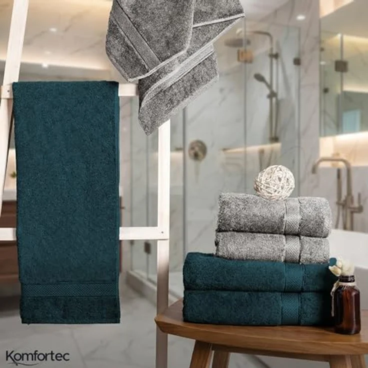 Komfortec 8er Handtuch Set aus 100% Baumwolle, 4 Badetücher 70x140 und 4 Handtücher 50x100 cm, Frottee, Weich, Towel, Groß, Anthraizt Grau/Petrol – Bild 8