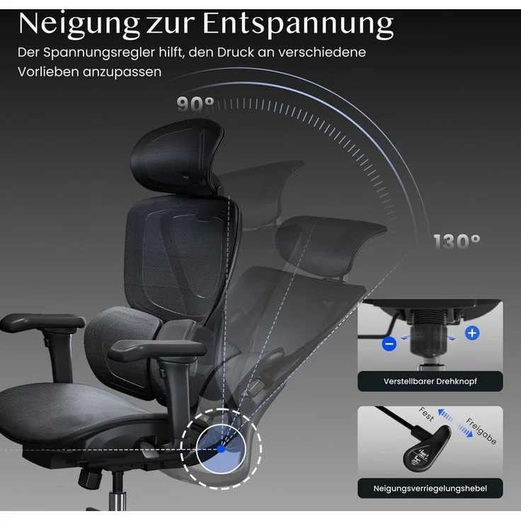 FLEXISPOT Drehstuhl Ergonomischer Bürostuhl, Arbeitsstuhl mit Dual-Wing Lendenstütze (3D-Kopfstütze & 3D-Armlehnen & Verstellbarer Sitztiefe), 3-Stufen Neigung & höhenverstellbare Rückenlehne – Bild 3