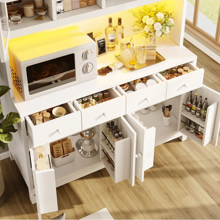 Hochbuffetschrank 140 x 38,5 x 180 cm mit Glastüren, 4 Schubladen und RGB-LED – MDF in Weiß – Bild 2