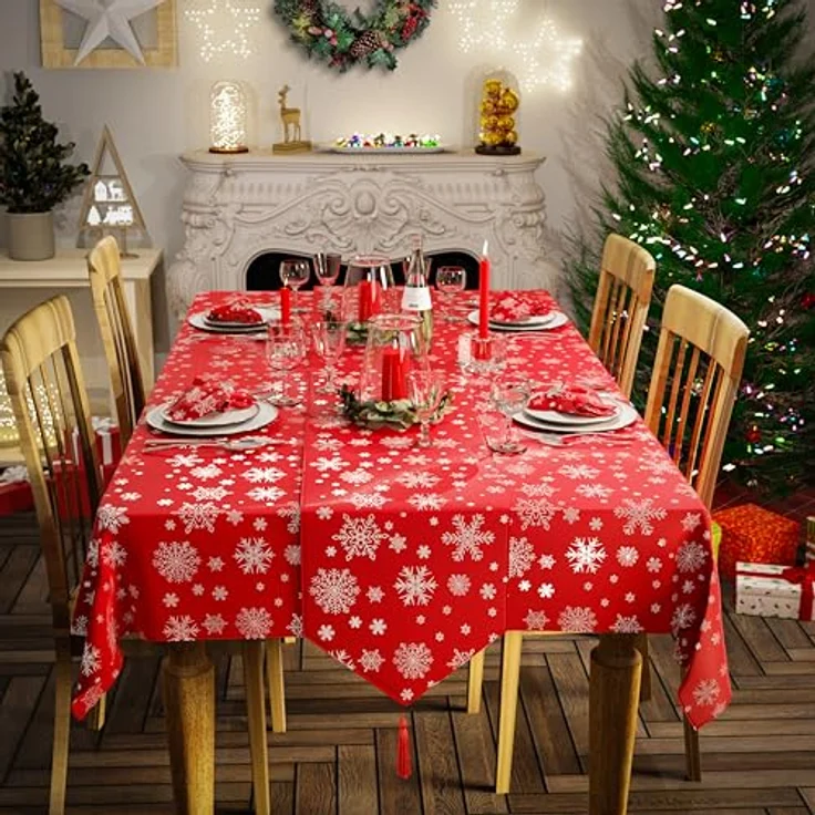 Emma Barclay Weihnachtstischdecke, rechteckig, maschinenwaschbar, Weihnachts-Tischdecke in Rot mit silbernem Schneeflocken-Design, 178x274 cm – Bild 5
