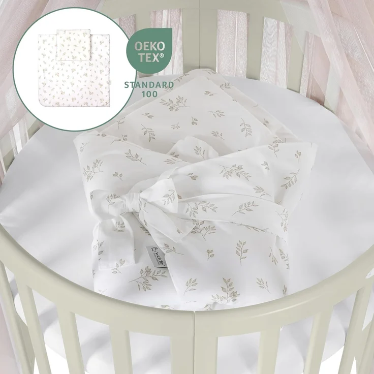 Waldin Babybett OWAL aus Holz 7in1 mit Matratze, mitwachsendes Kinder-Bett, belüftet, Boden 5-fach verstellbar, All-Inclusive-Set Holz olive, Stoffe Taupe Zweige – Bild 3
