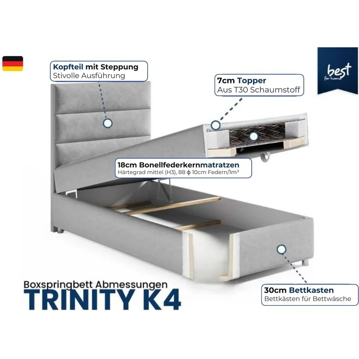 Best for Home Boxspringbett K4 SINGLE mit Bettkasten (Grau 100x200) – Bild 5