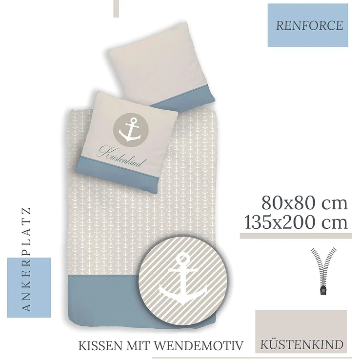 MTOnlinehandel Bettwäsche Küstenkind Anker, 100% Baumwolle, ideal als Partnerbettwäsche, Renforcé, 2 teilig, maritime Anker Bettwäsche gestreift – Bild 4