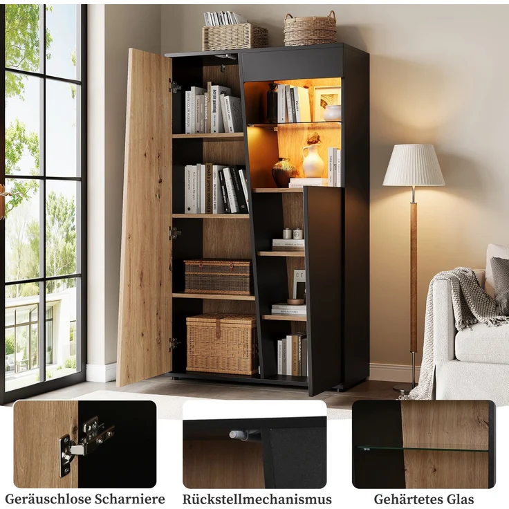 Vitrinenschrank mit LED, Design-Holztür, Glastrennwand Vitrine Schrank,Mehrere Staufächer, Hochschrank Sammlervitrine für Wohnzimmer, Büro, Flur, Schwarz & Holzfarbe,80x35x139.5cm--Schwarz + Natur--80x35x139.5cm--YOUDENOVA – Bild 5