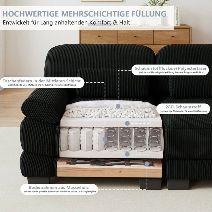 Modulares Sofa 336x161x94 cm in Schwarz mit Cordbezug, flexibler L- oder U-Form – Bild 5