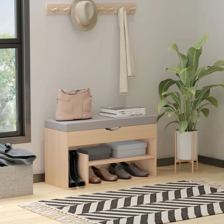 Schuhschrank, Schuhbank mit 2 Ebenen, Stauraum, Nische + integrierter Stauraum mit Kissen in Beige-Grau – Bild 3