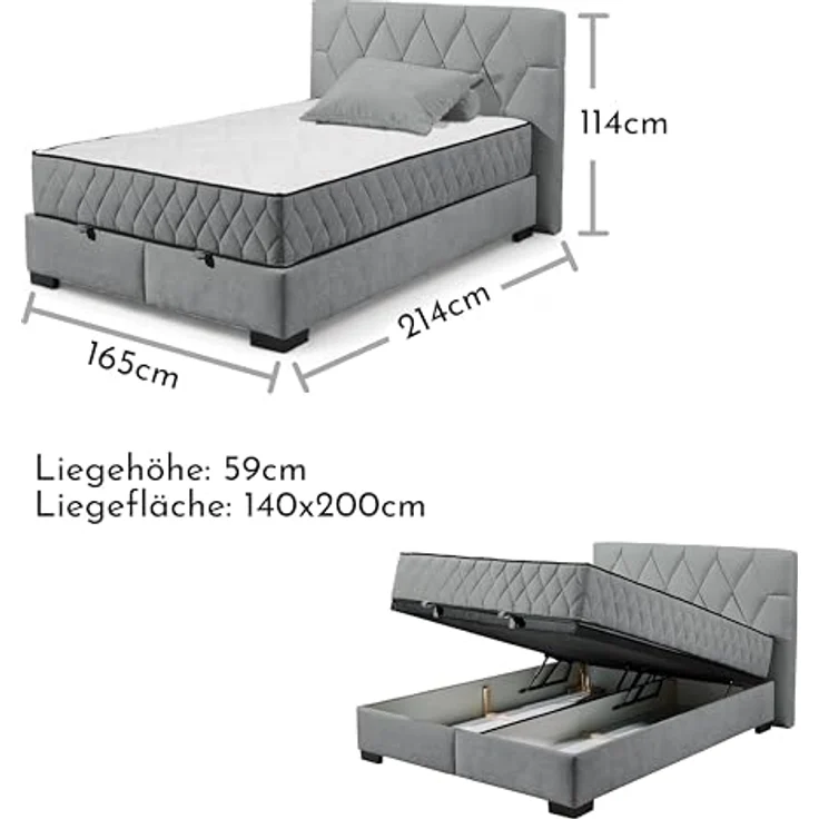NAGOL B Boxbett 140x200, Anthrazit - Bequemes Bett mit Bettkasten und Premium 9-Zonen-Federkern Wendematratze - 165 x 114 x 214 cm (B/H/T) – Bild 4